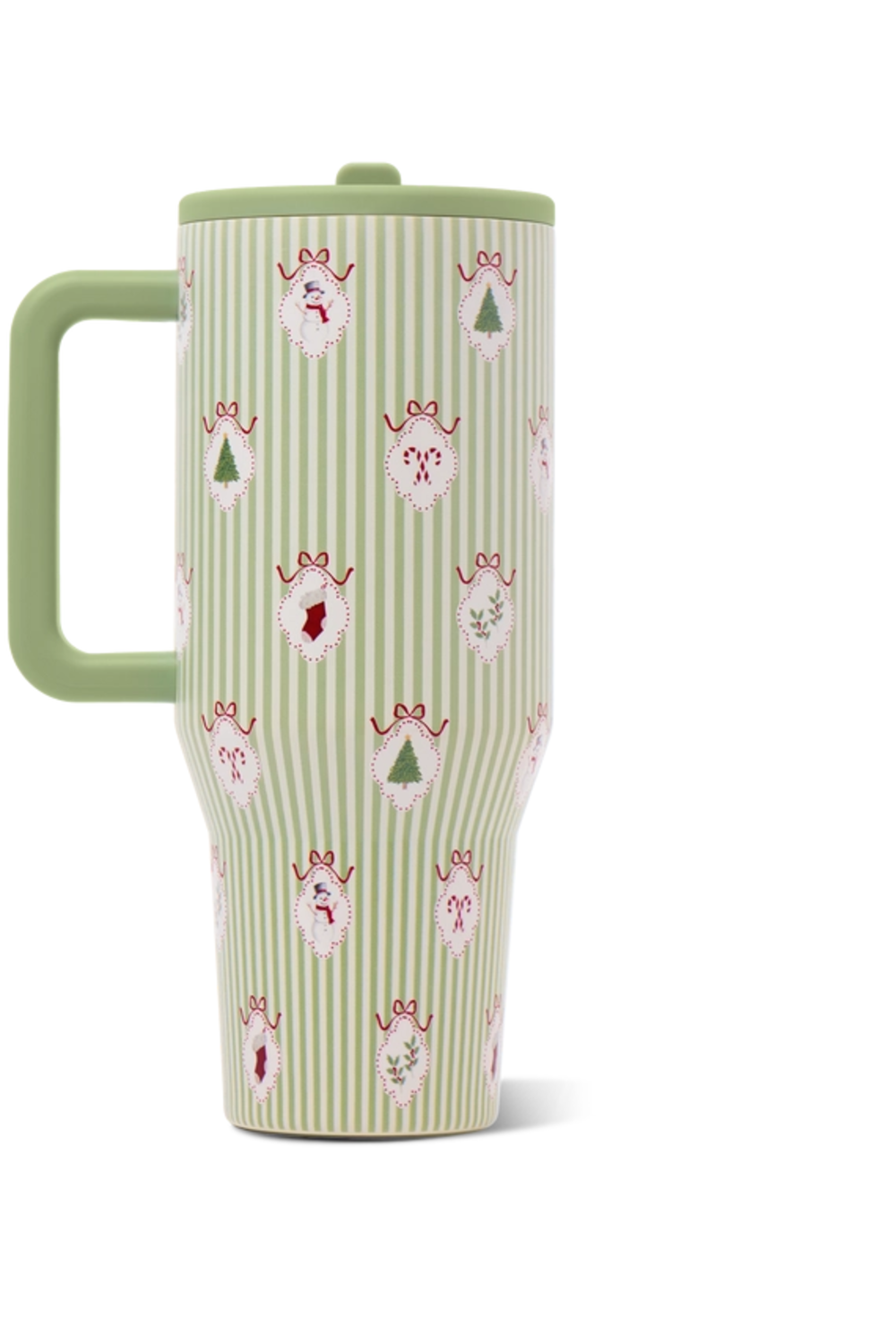 A light green insulated travel tumbler with a matching lid and handle, decorated with vertical stripes and small festive holiday motifs in red, pink, and green, set against a plain white background.