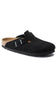 A black suede clog shoe with a wide strap and a silver buckle, shown from a side angle on a white background.