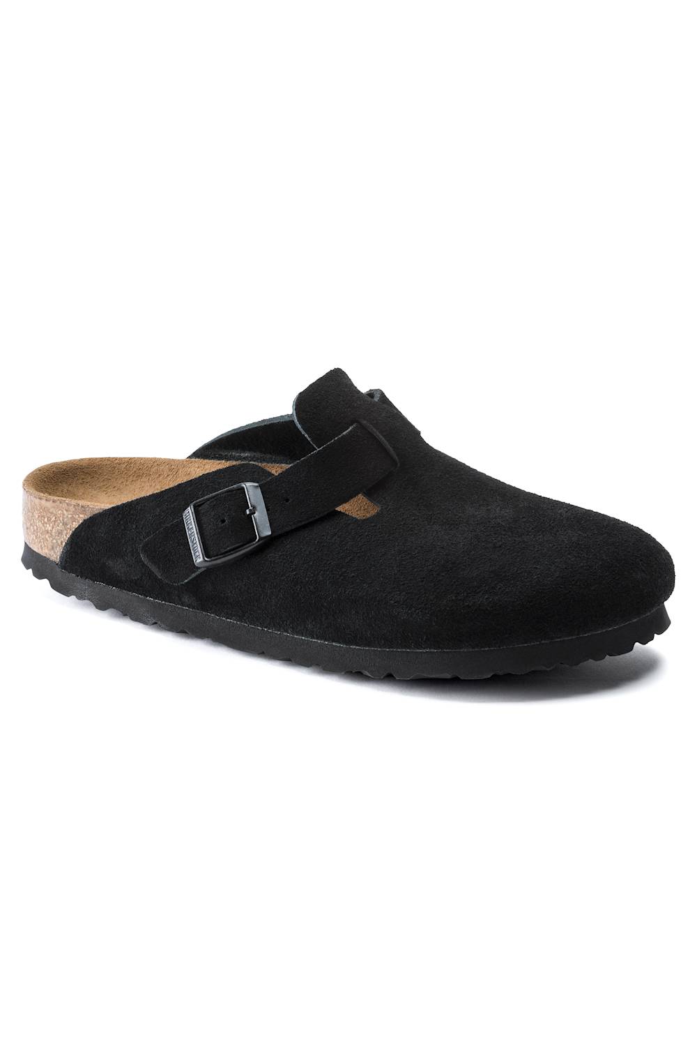 A black suede clog shoe with a wide strap and a silver buckle, shown from a side angle on a white background.