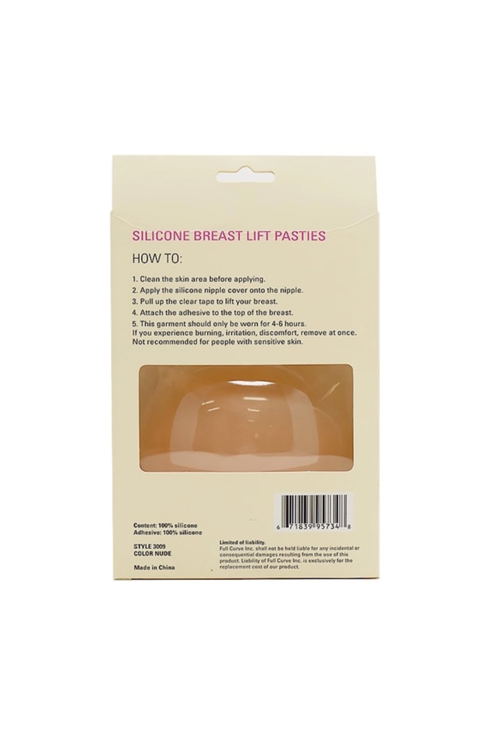 Back of the retail packaging for 'Silicone Breast Lift Pasties' showing the product inside a clear window, with application instructions printed on the beige card.