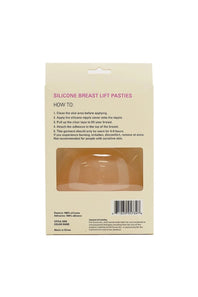 Back of the retail packaging for 'Silicone Breast Lift Pasties' showing the product inside a clear window, with application instructions printed on the beige card.