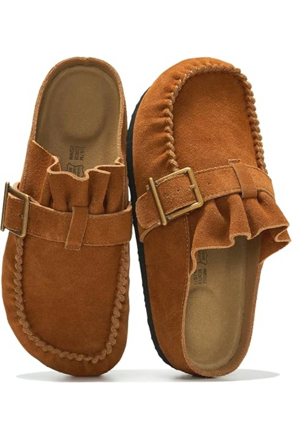 Project cloud suede upper mules with a buckle strap across the top in a brown color