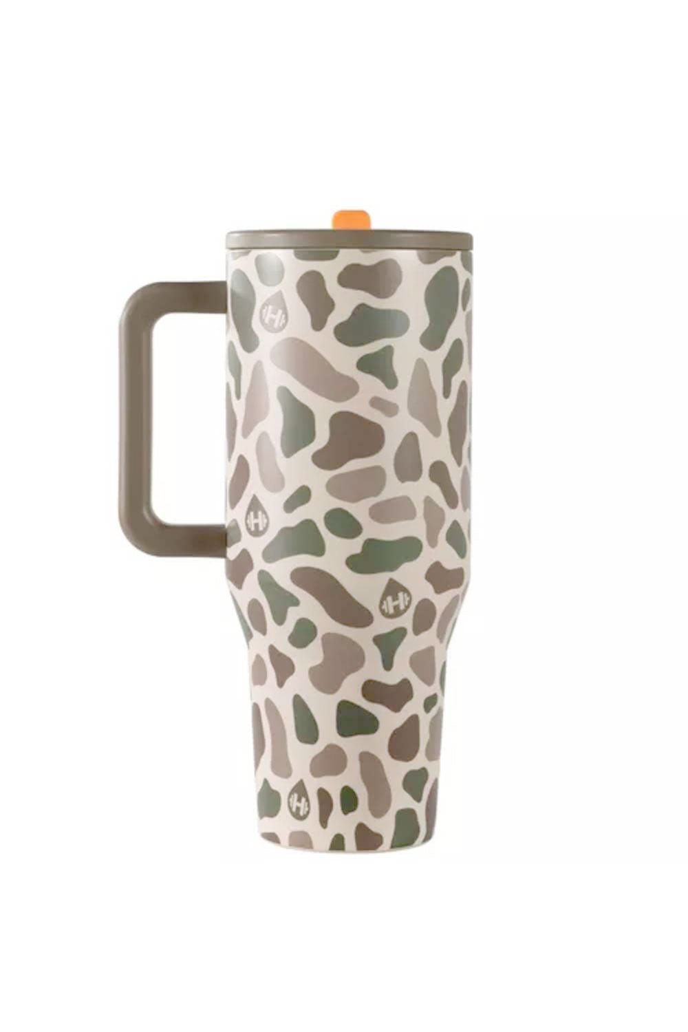 A tall travel tumbler with a handle, featuring a beige background with an irregular organic pattern in shades of green, brown, and gray. It has a dark brown handle and lid, and a small orange accent on the lid.