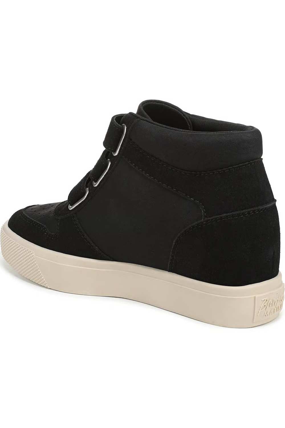Back three-quarter angle of a Blowfish Malibu black high-top wedge sneaker.
