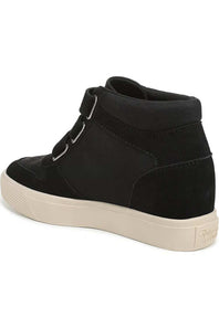 Back three-quarter angle of a Blowfish Malibu black high-top wedge sneaker.