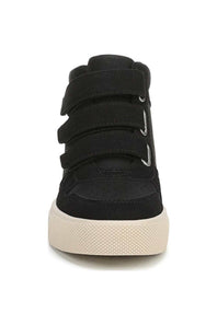 Front view of a Blowfish Malibu high-top wedge sneaker in black suede with triple velcro straps and an off-white platform sole.