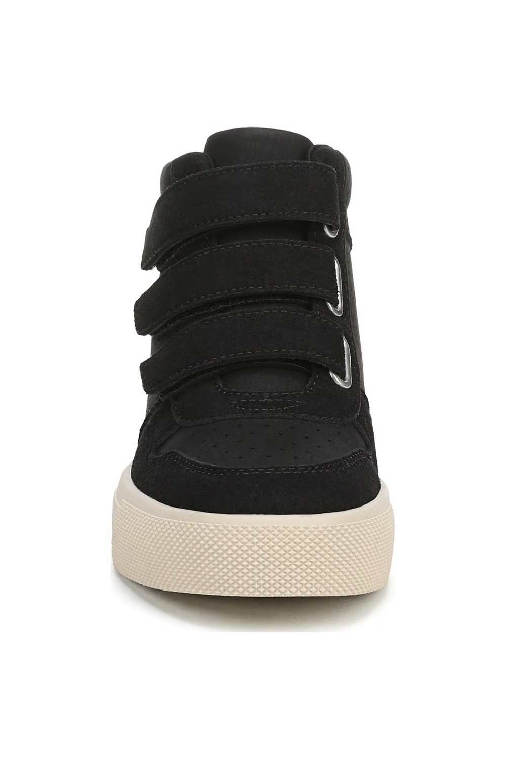 Front view of a Blowfish Malibu high-top wedge sneaker in black suede with triple velcro straps and an off-white platform sole.