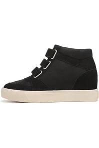 A black mid-top sneaker with three hook-and-loop strap closures and a thick cream-colored platform sole, shown from a side profile on a white background.