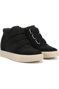 Front three-quarter angle view of a pair of Blowfish Malibu high-top wedge sneakers featuring black faux suede uppers, triple hook-and-loop velcro strap closures, perforated toe boxes, and thick off-white platform soles.