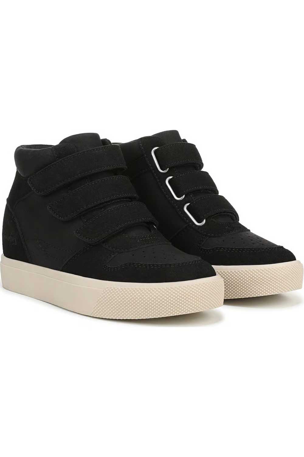 Front three-quarter angle view of a pair of Blowfish Malibu high-top wedge sneakers featuring black faux suede uppers, triple hook-and-loop velcro strap closures, perforated toe boxes, and thick off-white platform soles.