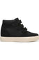 Side view profile of a Blowfish Malibu high-top wedge sneaker in black suede with triple hook-and-loop velcro straps and an off-white rubber sole.