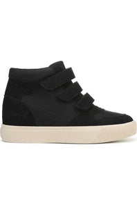 Side view profile of a Blowfish Malibu high-top wedge sneaker in black suede with triple hook-and-loop velcro straps and an off-white rubber sole.