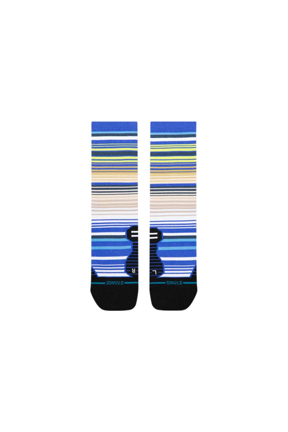 A pair of crew socks with horizontal stripes in blue, navy, beige, and white, featuring a black anchor graphic and the Stance brand logo on the toes.