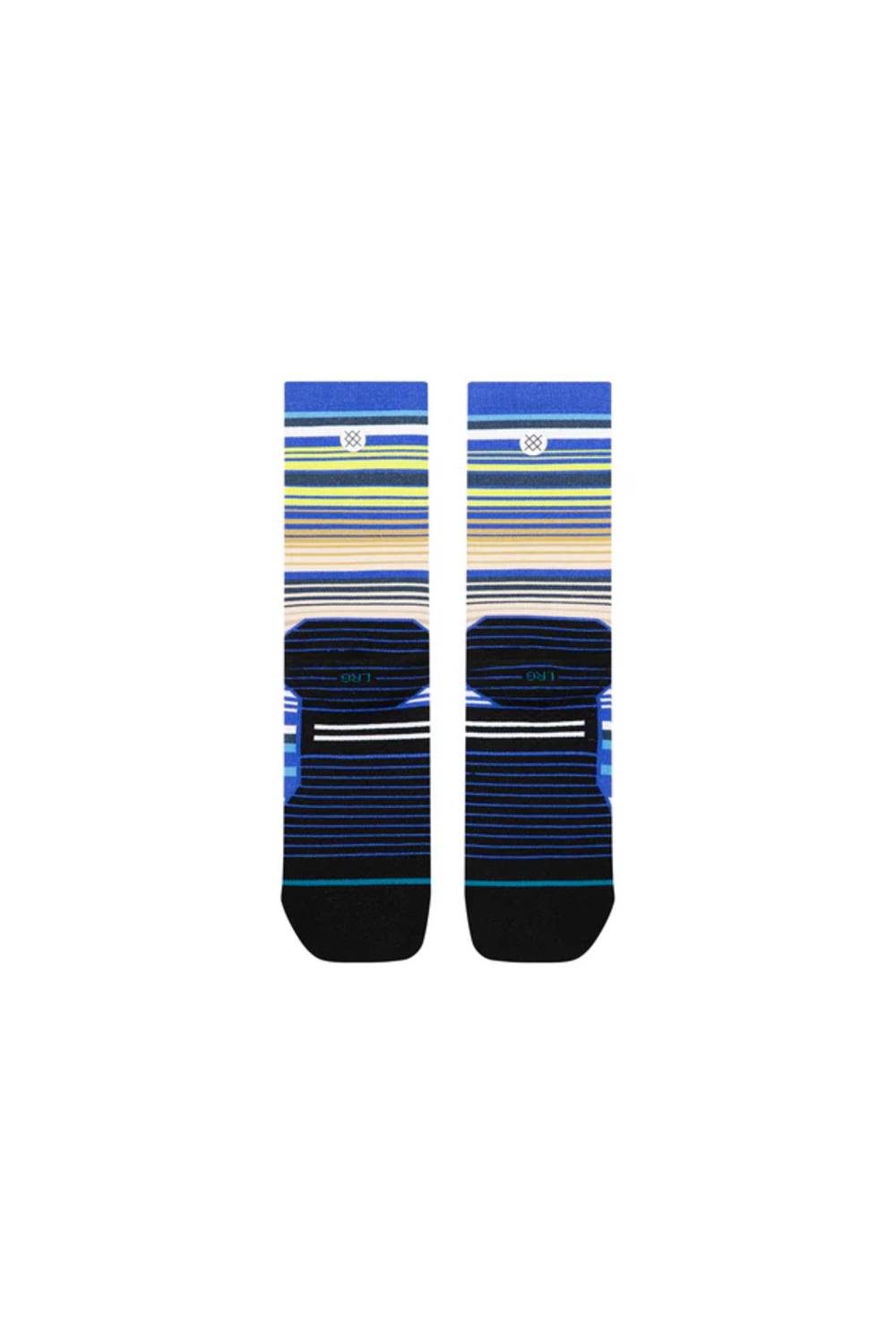 A pair of Stance crew socks featuring a striped pattern in blue, navy, green, yellow, and beige, with solid black toe and heel caps, shown against a plain white background.
