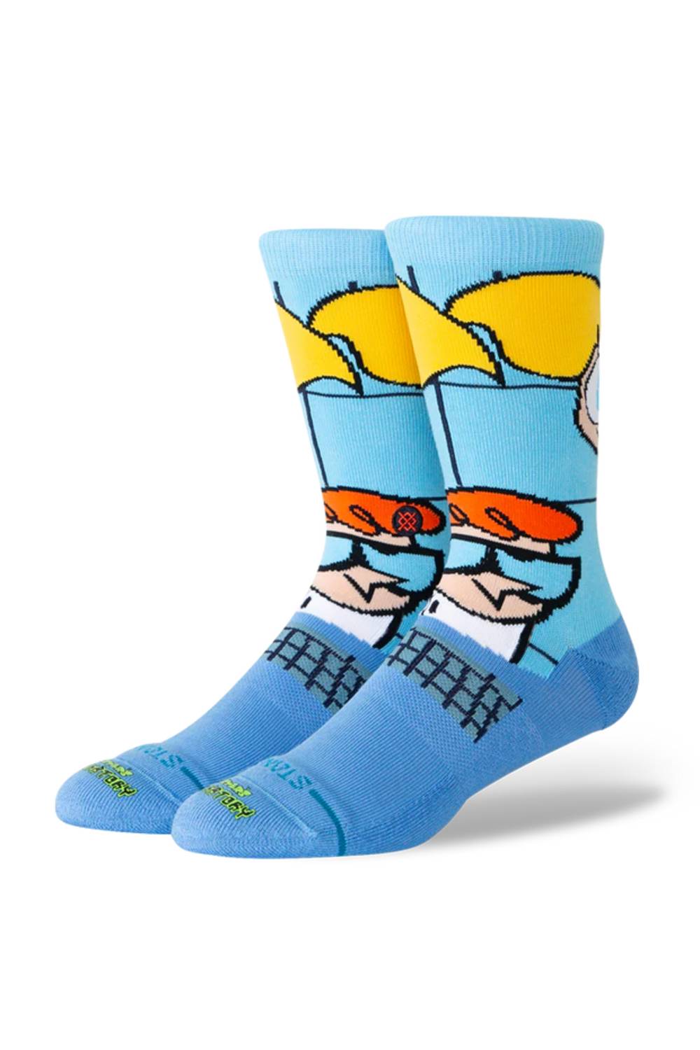 A pair of crew socks featuring a cartoon graphic of a character with yellow hair, a blue top hat, and an orange mustache on a light blue background.