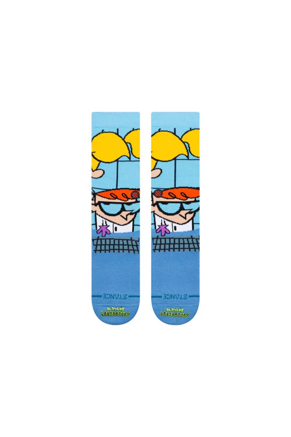 A pair of light blue crew socks featuring a cartoon graphic of a character with yellow hair, orange hair, and glasses