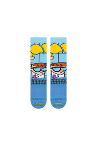 A pair of light blue crew socks featuring a cartoon graphic of a character with yellow hair, orange hair, and glasses