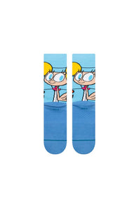 A pair of blue crew socks featuring a cartoon character print on the upper leg and a solid blue toe and heel section, shown against a plain white background.