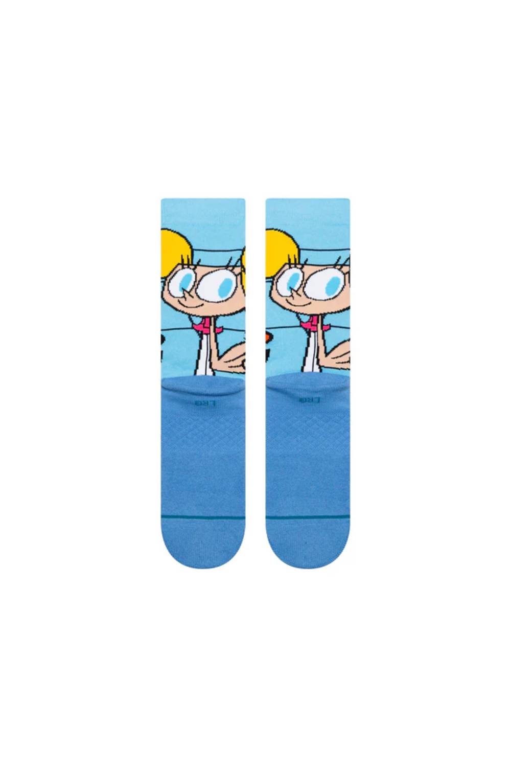 A pair of blue crew socks featuring a cartoon character print on the upper leg and a solid blue toe and heel section, shown against a plain white background.