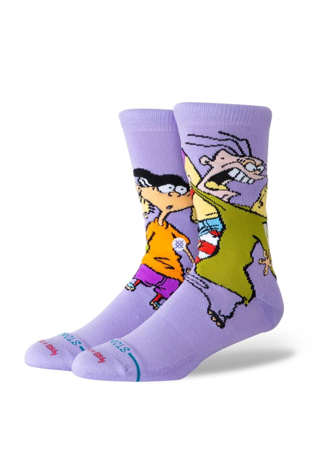A pair of light purple crew socks featuring cartoon characters  shown on a clean white background.