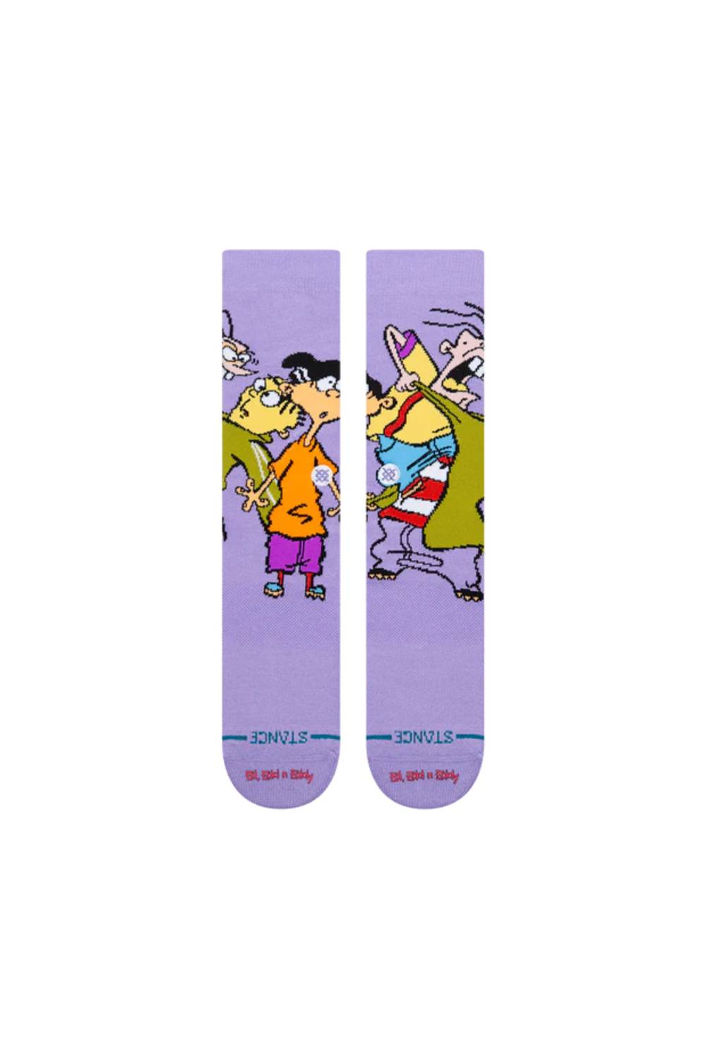 A pair of light purple crew socks featuring cartoon characters from the show 