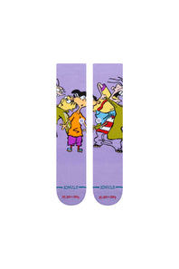 A pair of light purple crew socks featuring cartoon characters from the show 