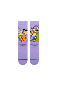 A pair of light purple crew socks featuring cartoon characters from  shown flat against a white background.