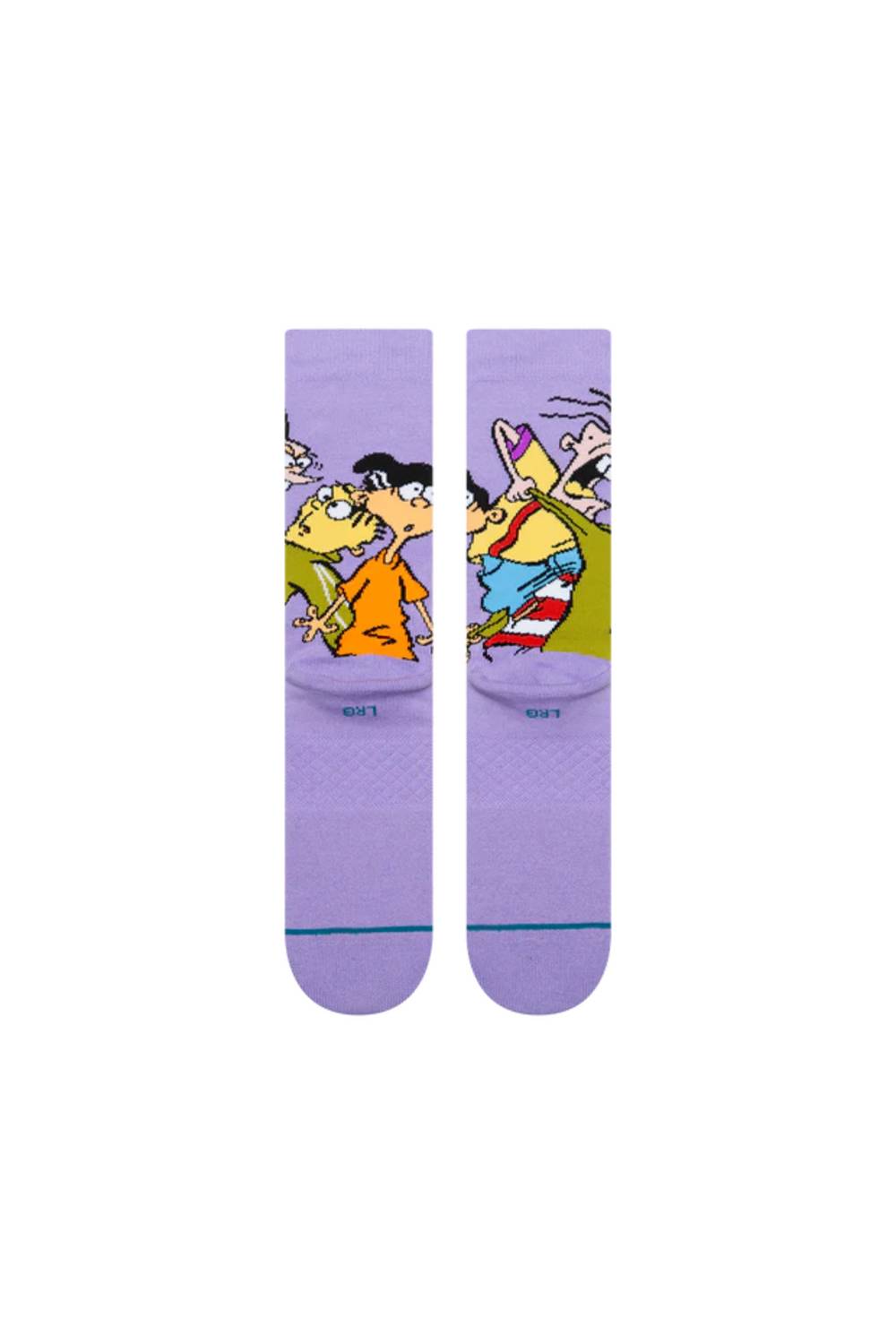 A pair of light purple crew socks featuring cartoon characters from  shown flat against a white background.