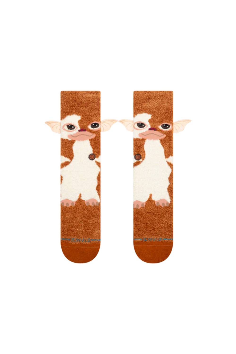 A pair of brown and white crew socks featuring a cartoon Gidget the Chihuahua design, displayed flat against a solid white background.
