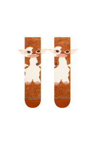 A pair of brown and white crew socks featuring a cartoon Gidget the Chihuahua design, displayed flat against a solid white background.