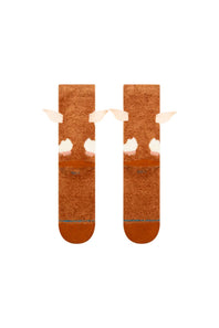 A pair of novelty socks designed to look like giraffe necks, featuring a textured brown body, white patches, and light beige horns, shown against a plain white background.