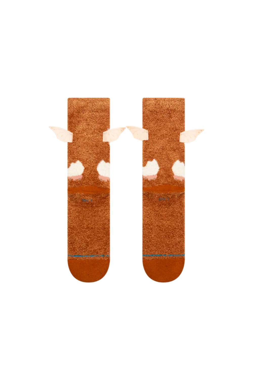 A pair of novelty socks designed to look like giraffe necks, featuring a textured brown body, white patches, and light beige horns, shown against a plain white background.