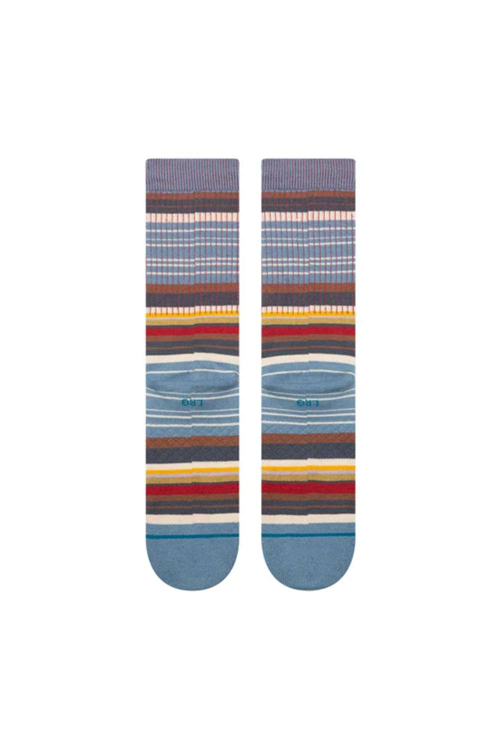 A pair of crew socks with a multicolor striped pattern featuring shades of blue, gray, red, yellow, and white, displayed flat against a solid white background.