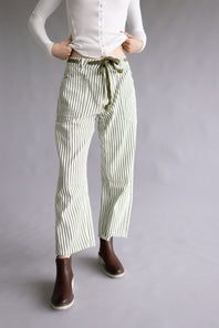 Aaron & Amber Stripe Barrel Jeans for Women in White and Olive