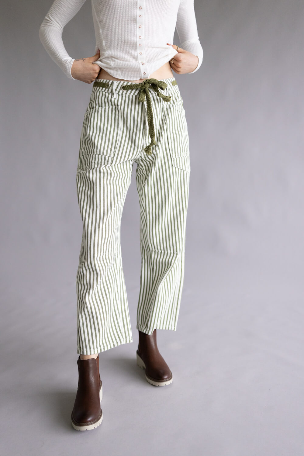 Aaron & Amber Stripe Barrel Jeans for Women in White and Olive
