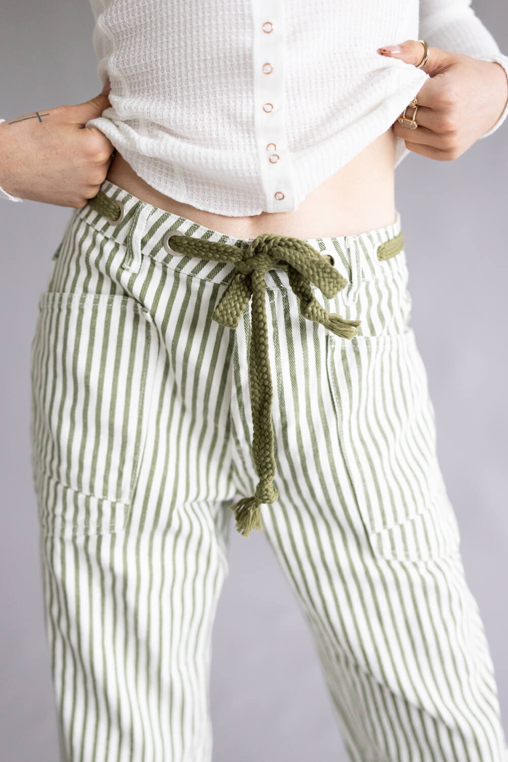Aaron & Amber Stripe Barrel Jeans for Women in White and Olive