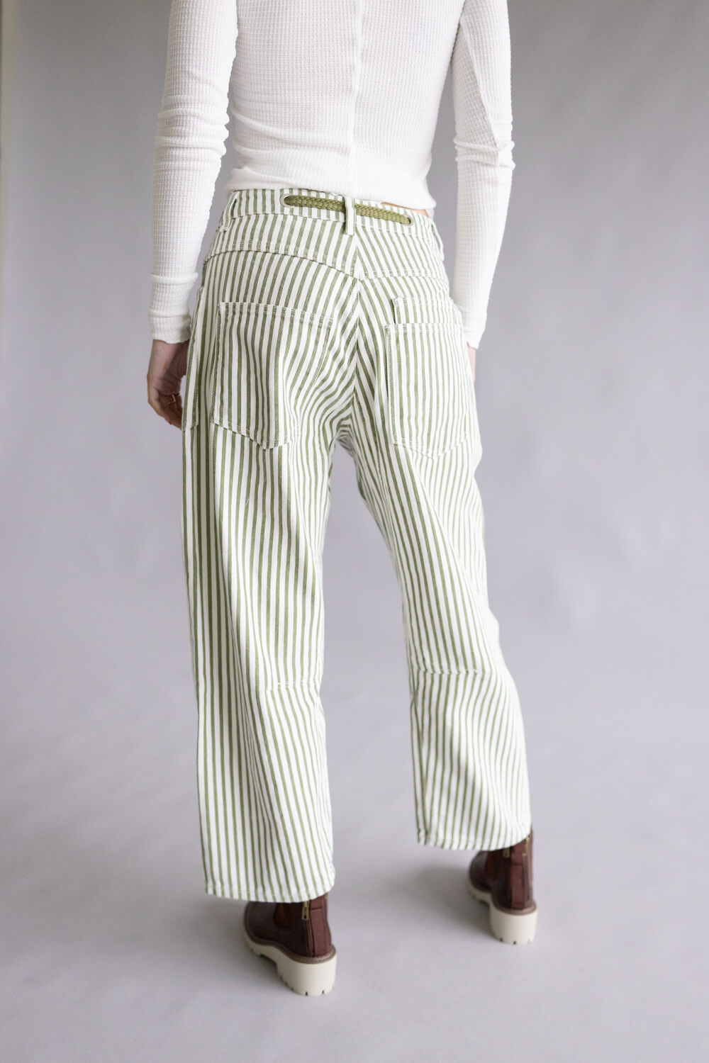 Aaron & Amber Stripe Barrel Jeans for Women in White and Olive