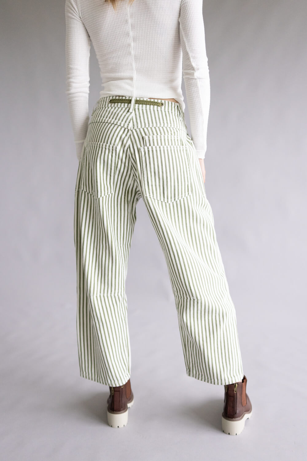 Aaron & Amber Stripe Barrel Jeans for Women in White and Olive