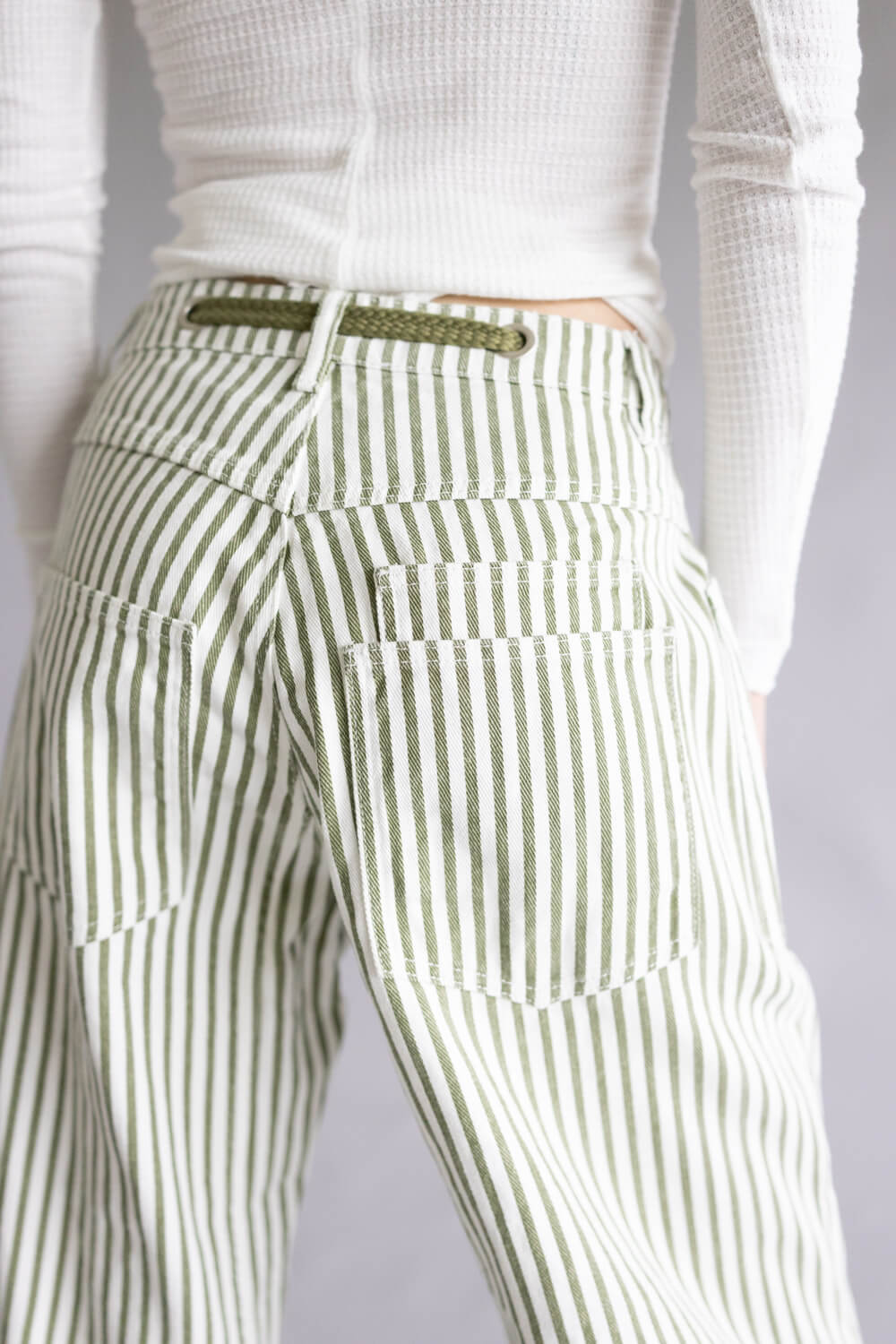 Aaron & Amber Stripe Barrel Jeans for Women in White and Olive