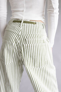 Aaron & Amber Stripe Barrel Jeans for Women in White and Olive