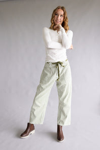 Aaron & Amber Stripe Barrel Jeans for Women in White and Olive