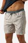 Men's athletic shorts with a light gray and beige camouflage pattern, featuring a slate grey elastic waistband and drawstring, modeled on a person against a white background.