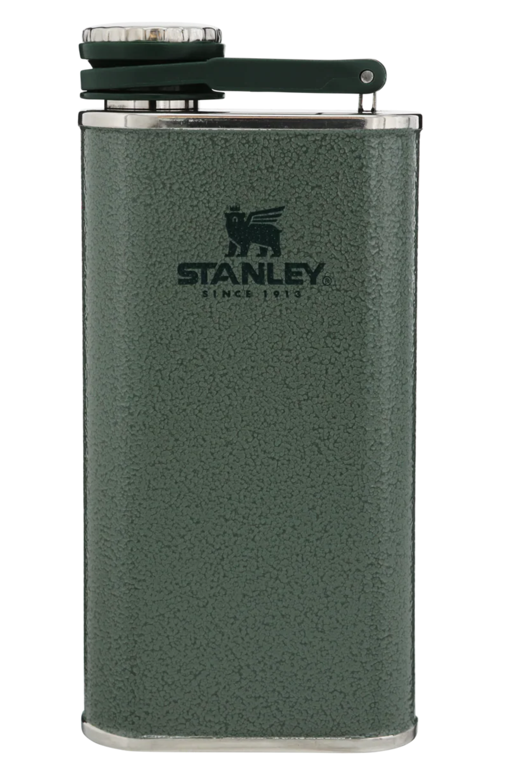 A green Stanley hip flask with a textured finish, featuring the black Stanley logo on the front and a dark green flip-top lid with a silver metal rim.