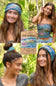 A four-panel collage showing a woman modeling a colorful boho-patterned headband and matching strapless top, with a central product card labeled 'Natural Life Boho Bandeau'.