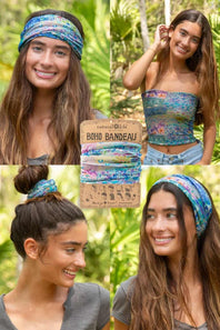 A four-panel collage showing a woman modeling a colorful boho-patterned headband and matching strapless top, with a central product card labeled 'Natural Life Boho Bandeau'.
