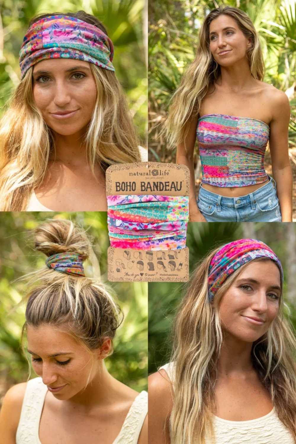 A collage showing a woman outdoors wearing a colorful patterned headband and matching strapless bandeau top, with a central product card labeled 'Natural Life Boho Bandeau'