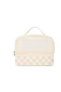 A small rectangular toiletry bag with a top handle, featuring a translucent frosted upper section and a pastel checkerboard patterned lower section. A small embossed logo is visible on the bottom right corner, and a gold zipper pull is on the left side.