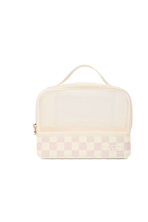 A small rectangular toiletry bag with a top handle, featuring a translucent frosted upper section and a pastel checkerboard patterned lower section. A small embossed logo is visible on the bottom right corner, and a gold zipper pull is on the left side.