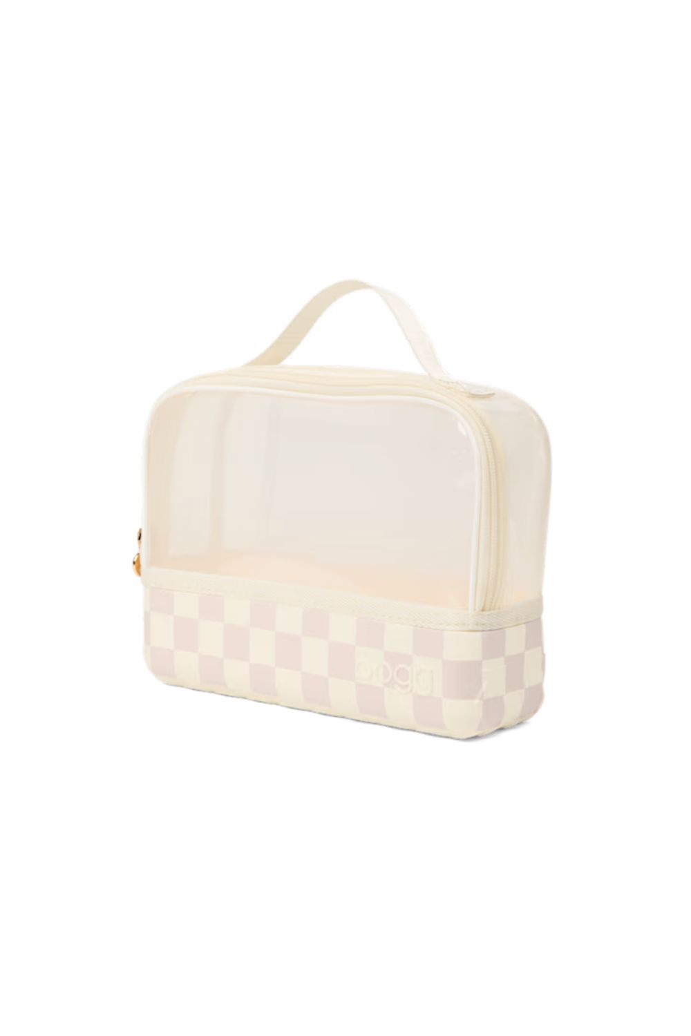 A small rectangular toiletry bag with a cream handle, a clear upper section, and a pale pink and cream checkerboard patterned lower section, shown on a plain white background.