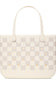 A light beige and off-white checkered tote bag with small gold polka dots and cream-colored shoulder straps, shown against a plain white background.